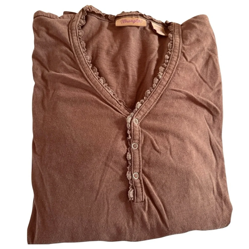 Wrangler Y2K Lace Trim Henley Long Sleeve T-Shirt Women Large Chocolate Brown - Picture 8 of 8